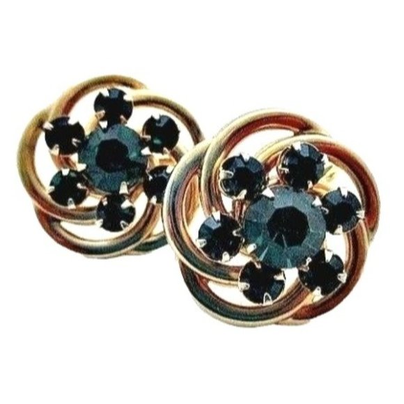 Vintage Green Rhinestone Earrings - Screw 0n Style - Mid-Century Jewelry - Picture 1 of 4